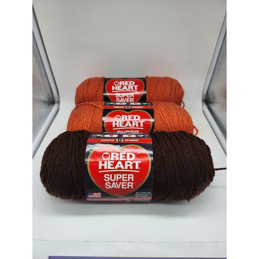 Red Heart Super Saver Yarn Lot 3 Skeins Carrot Orange Coffee Brown Worsted 4